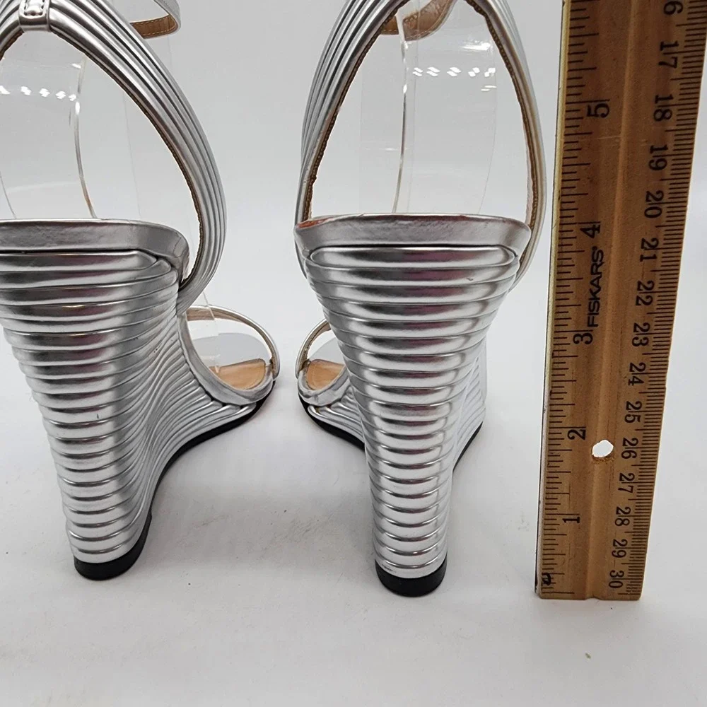 Aquazzura Wow 95 MM Metallic Silver Wedge Sandals EU 37 US 7 Ankle Strap Heels